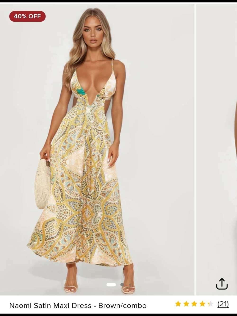 Plunging Satin Maxi Dress in Yellow Paisley